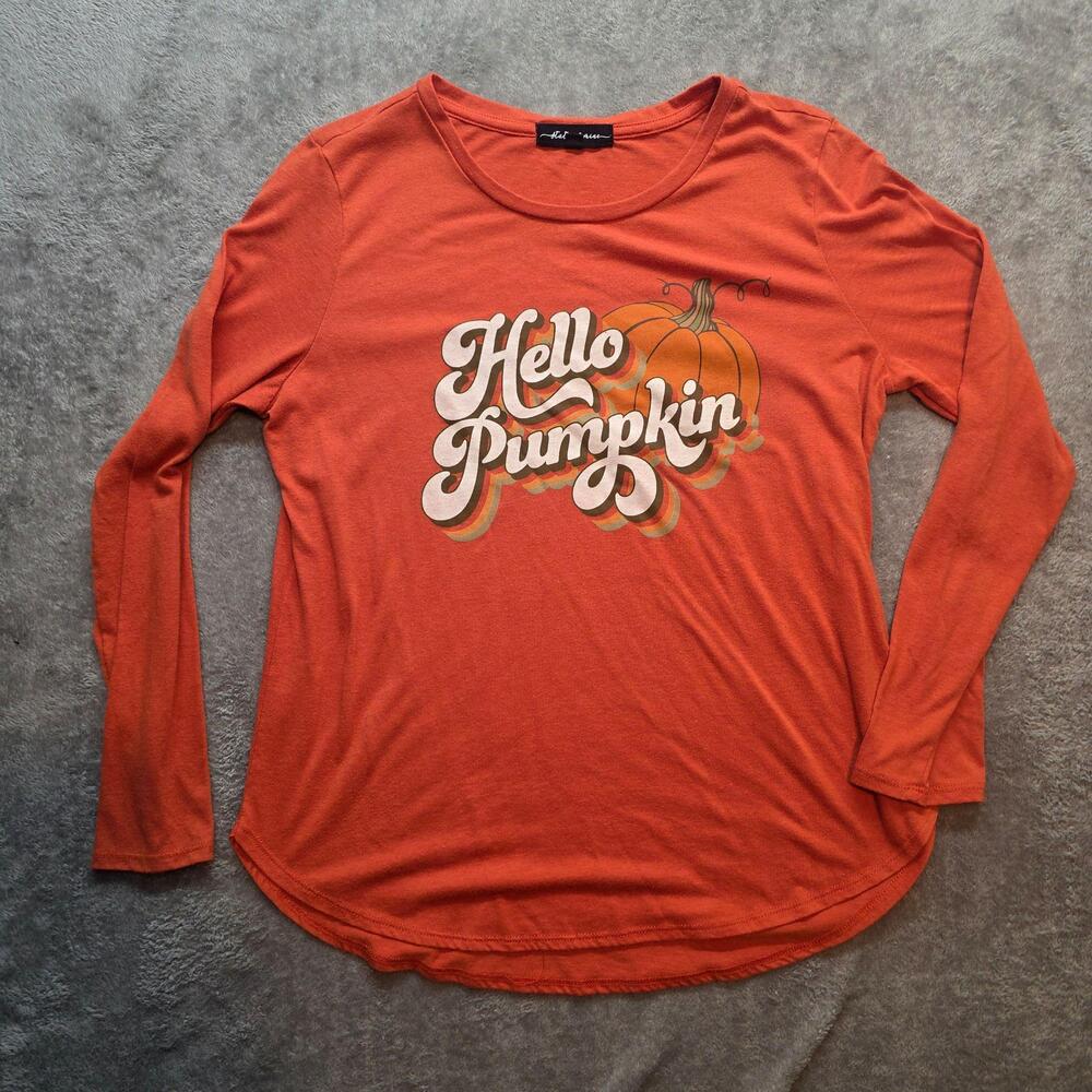 State Of Mine Shirt Womens M Orange Hello Pumpkin Long Sleeve Graphic T-Shirt